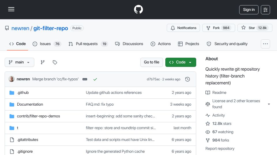 Screenshot of github.com: Quickly rewrite Git repository history