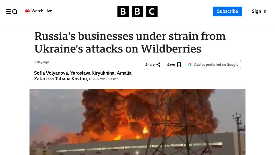 Screenshot of bbc.com: Russia's businesses under strain from Ukraine's attacks on Wildberries