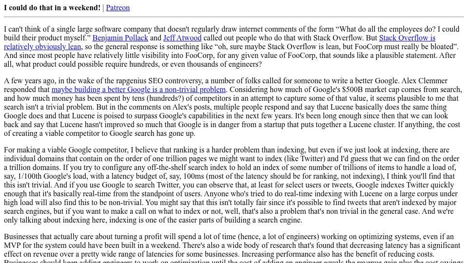 Screenshot of danluu.com: I could do that in a weekend (2016)