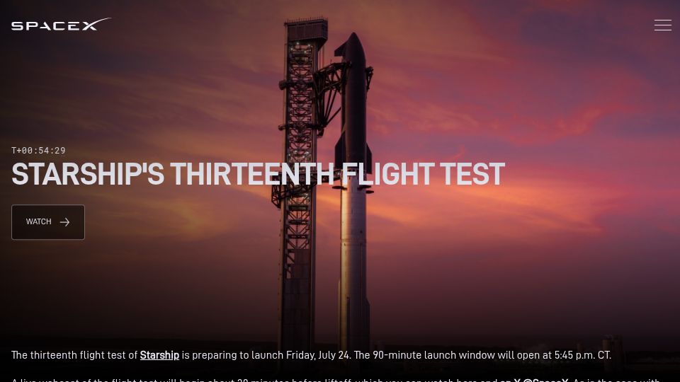 Screenshot of spacex.com: SpaceX Starship Flight 13 livestream [video]