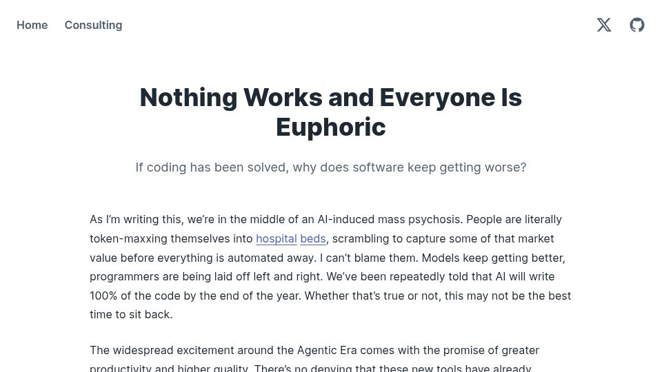 Screenshot of ptrchm.com: If coding has been solved, why does software keep getting worse?