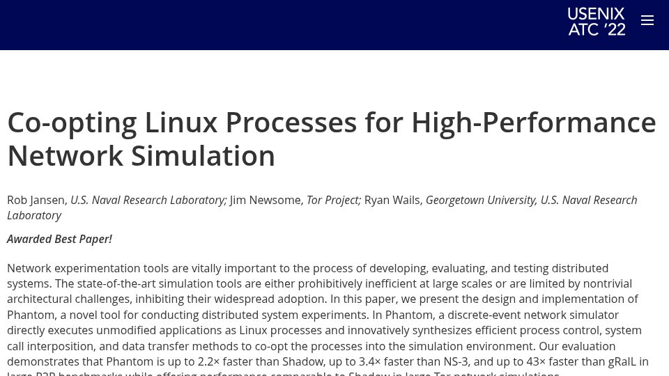 Screenshot of usenix.org: Co-Opting Linux Processes for High-Performance Network Simulation (2022)