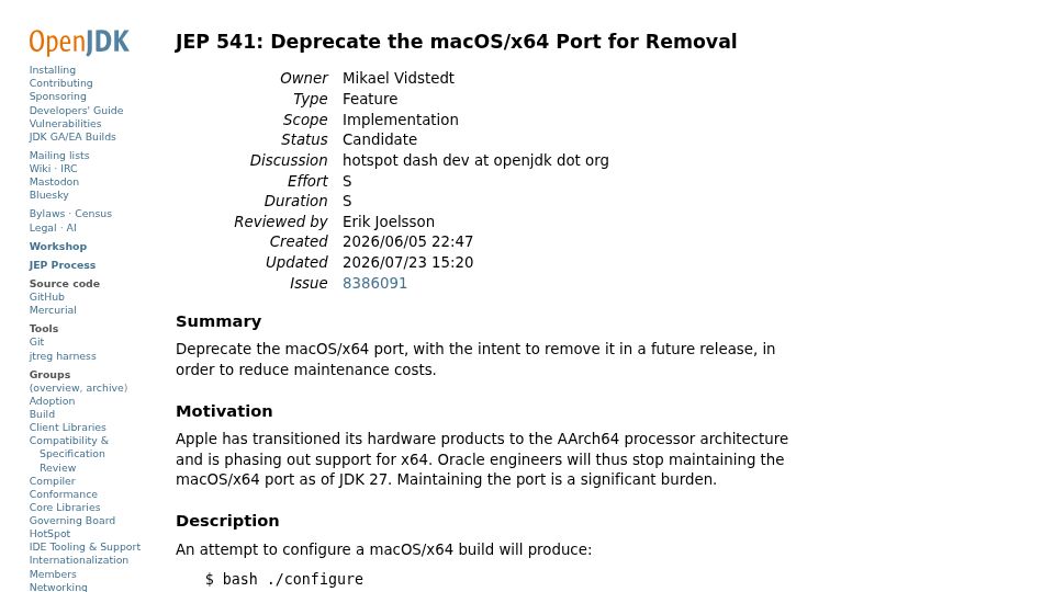 Screenshot of openjdk.org: JEP 541: Deprecate the macOS/x64 Port for Removal
