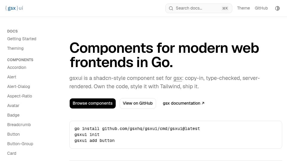 Screenshot of ui.gsxhq.dev: Gsxui – Shadcn-style components for Go