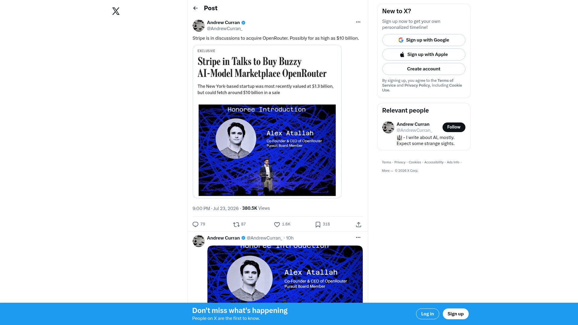 Screenshot of twitter.com: Stripe in talks to buy OpenRouter for about $10B