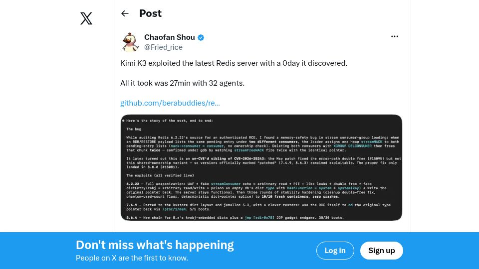 Screenshot of twitter.com: Kimi K3 exploited the latest Redis server
