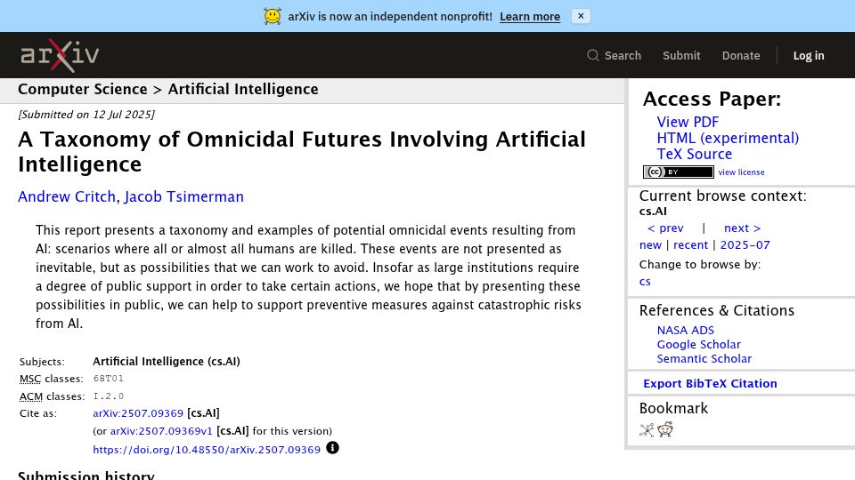 Screenshot of arxiv.org: A taxonomy of omnicidal futures involving artificial intelligence (2025)
