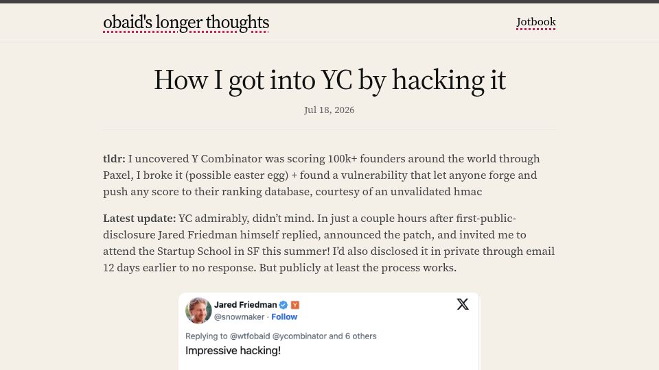 Screenshot of obaid.wtf: I got into YC Startup School by hacking it