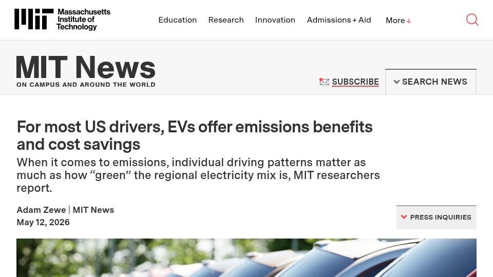 Screenshot of news.mit.edu: For most US drivers, EVs offer emissions benefits and cost savings