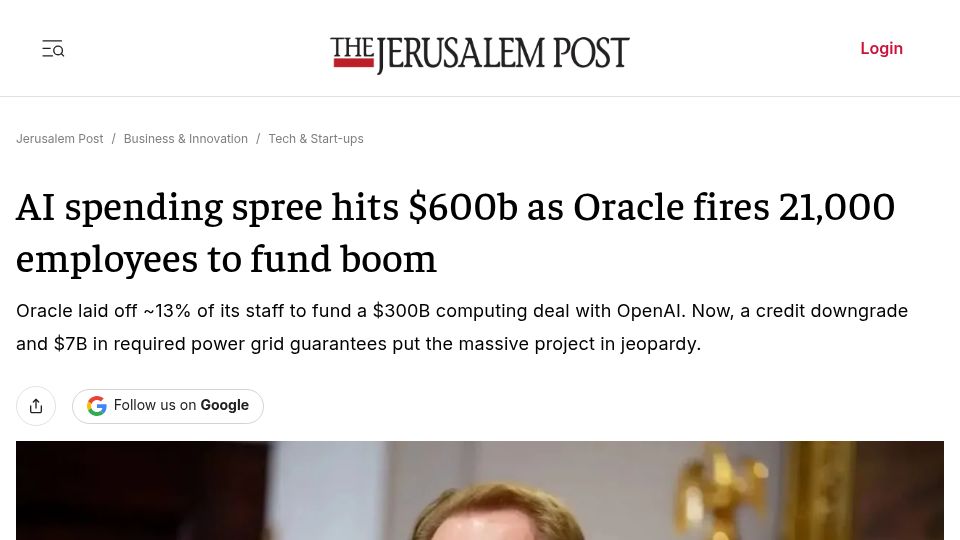 Screenshot of jpost.com: Oracle fires 21,000 employees to fund AI spending