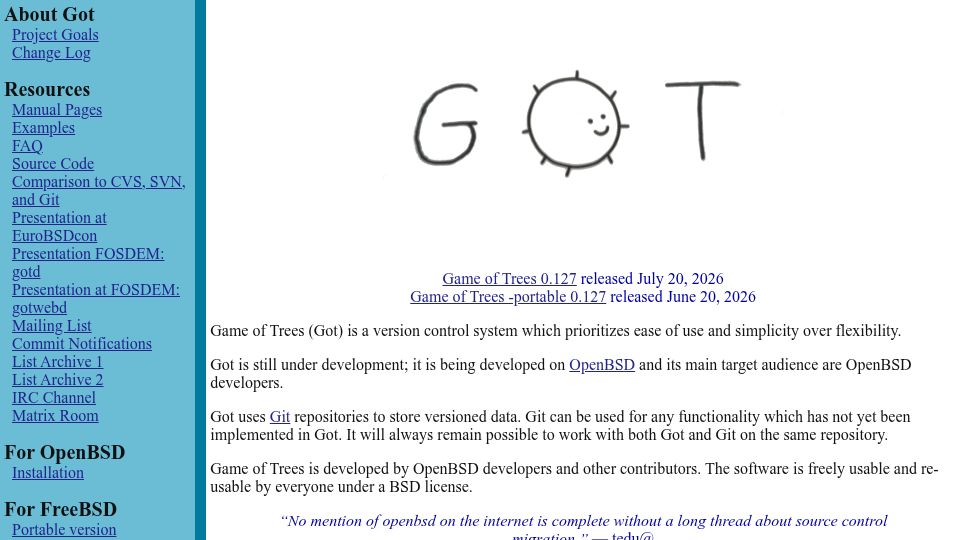 Screenshot of gameoftrees.org: Game of Trees – Git-based version control from OpenBSD folks