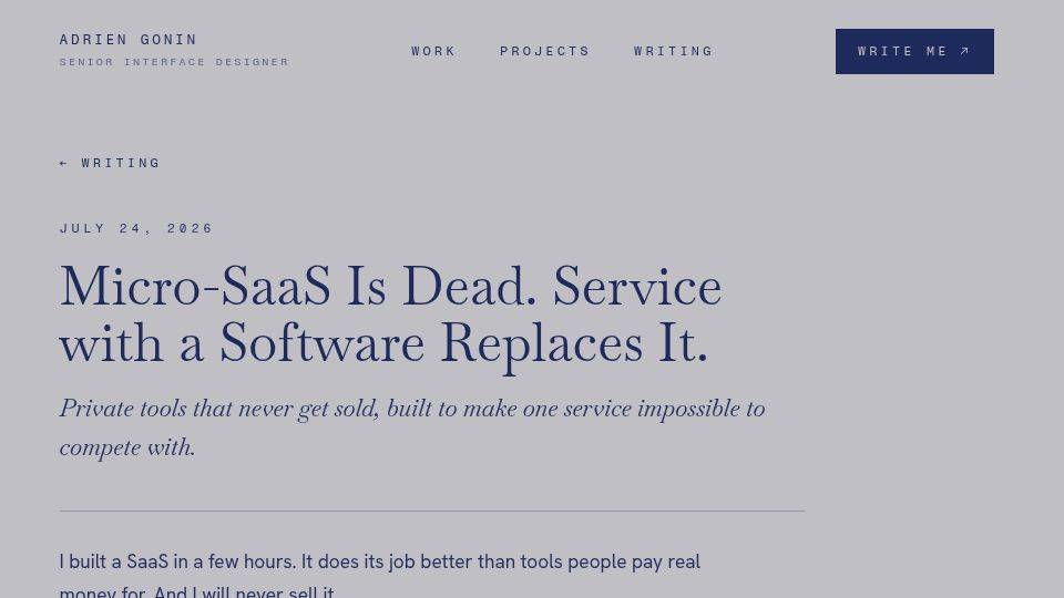 Screenshot of adriengonin.com: Micro-SaaS Is Dead. Service With A Software Replaces It