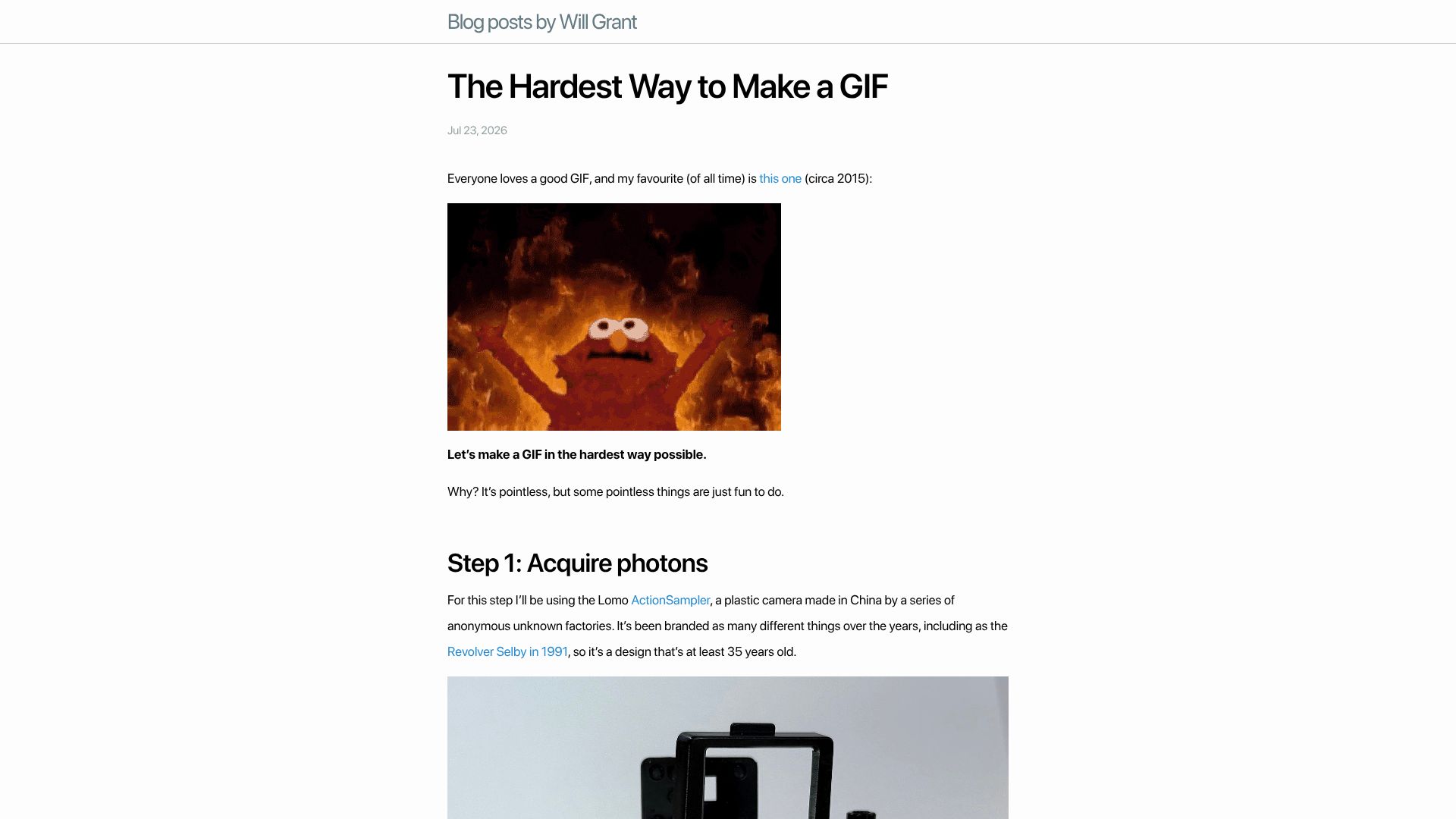 Screenshot of blog.willgrant.org: The hardest way to make a GIF
