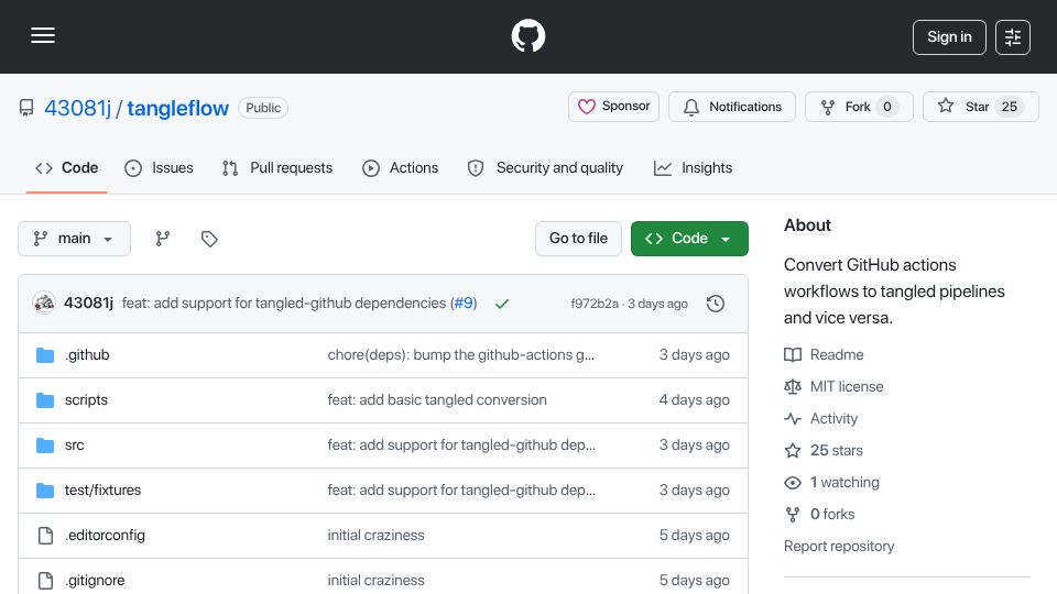 Screenshot of github.com: Tangleflow: Converts GitHub Actions workflows to tangled workflows and back