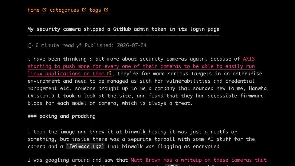 Screenshot of hhh.hn: My security camera shipped a GitHub admin token in its login page
