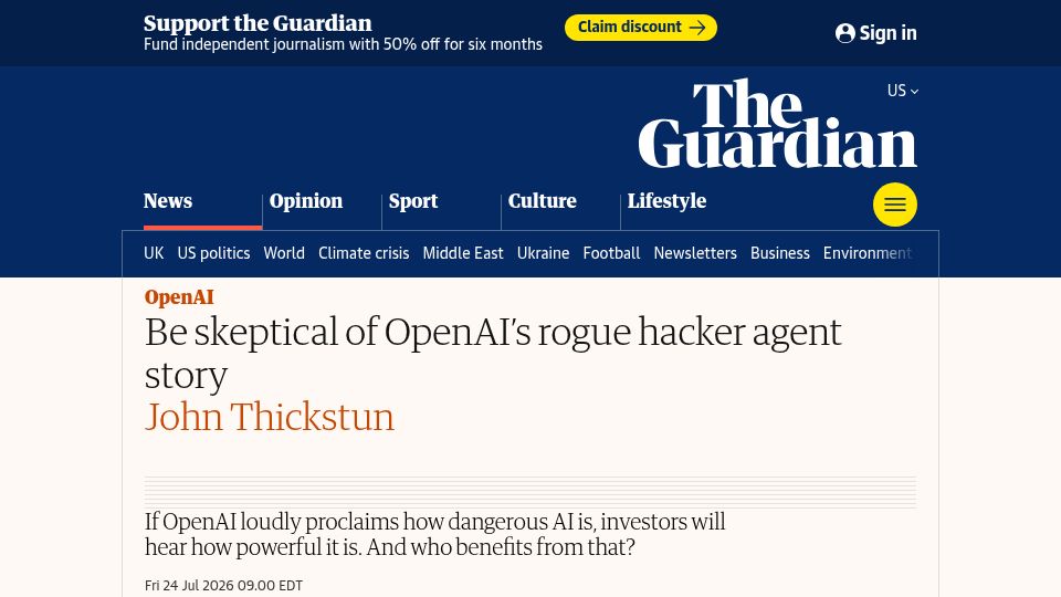 Screenshot of theguardian.com: Be skeptical of OpenAI's rogue hacker agent story