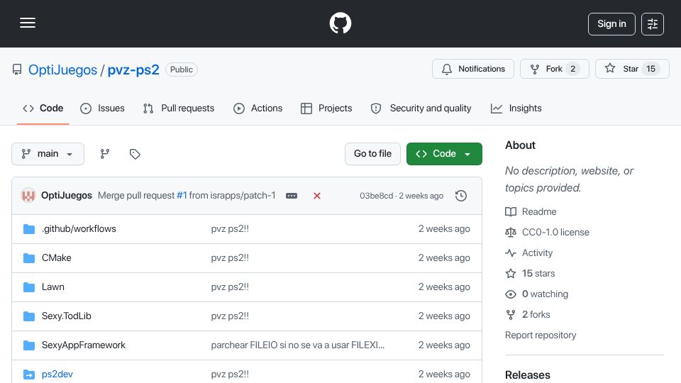 Screenshot of github.com: Plants vs. Zombies for PlayStation 2
