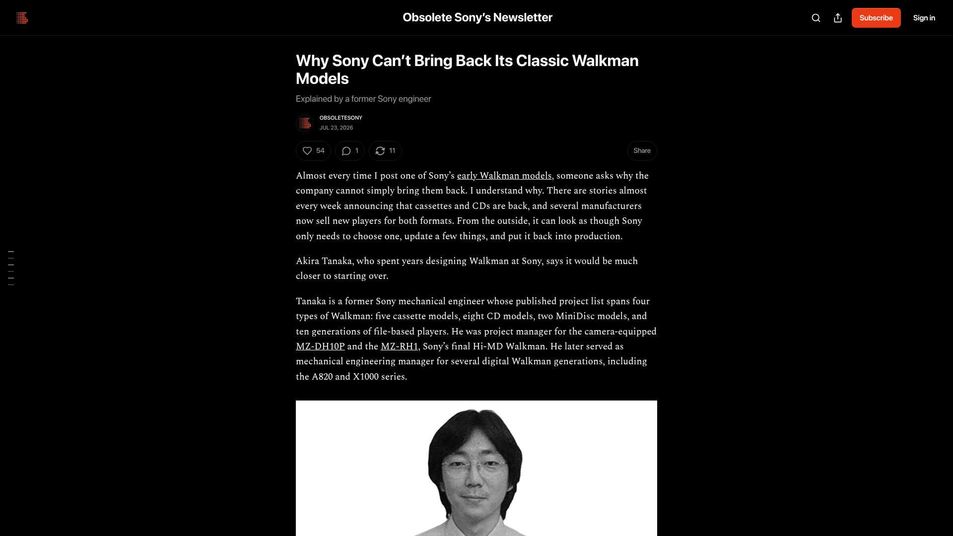 Screenshot of obsoletesony.substack.com: Why Sony can't bring back its classic Walkman models