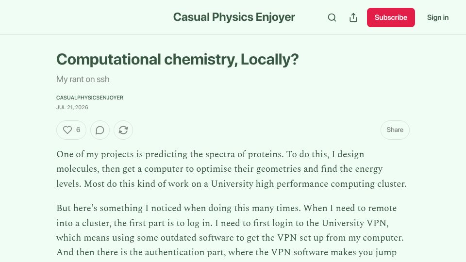 Screenshot of chillphysicsenjoyer.substack.com: Computational chemistry, Locally? My rant on SSH