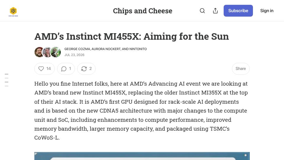 Screenshot of chipsandcheese.com: AMD's Instinct MI455X: Aiming for the Sun