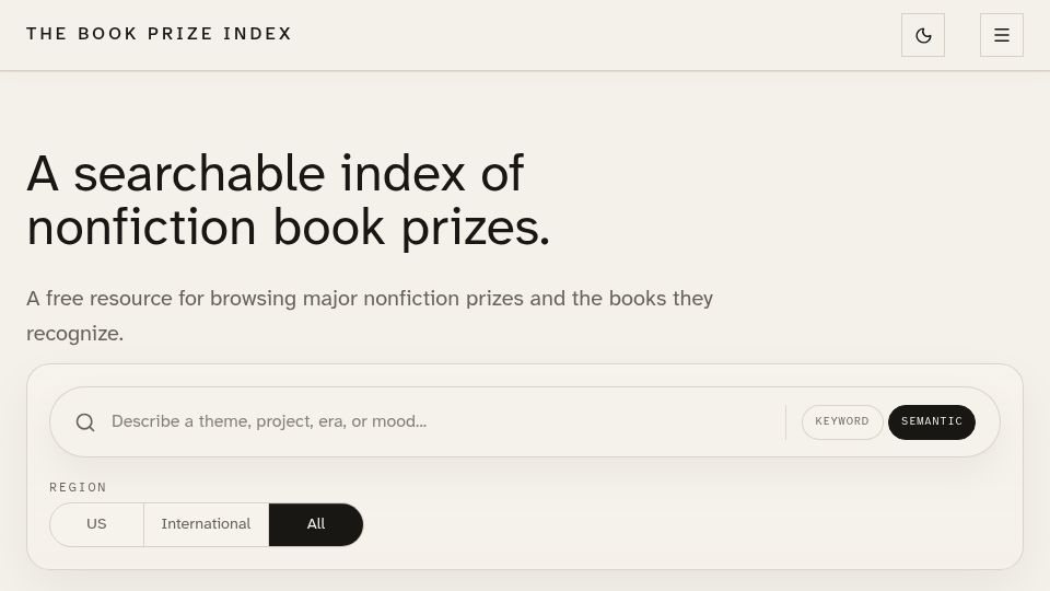 Screenshot of book-prize-index.vercel.app: The Book Prize Index