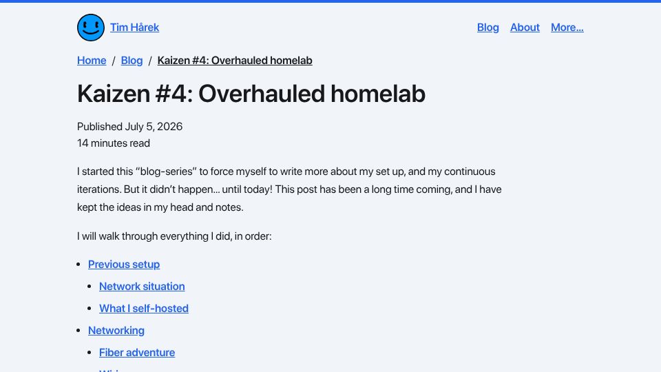 Screenshot of timharek.no: Kaizen #4: Overhauled Homelab