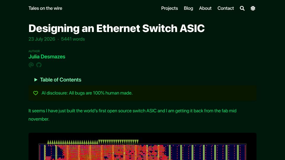 Screenshot of essenceia.github.io: Designing an Ethernet Switch ASIC