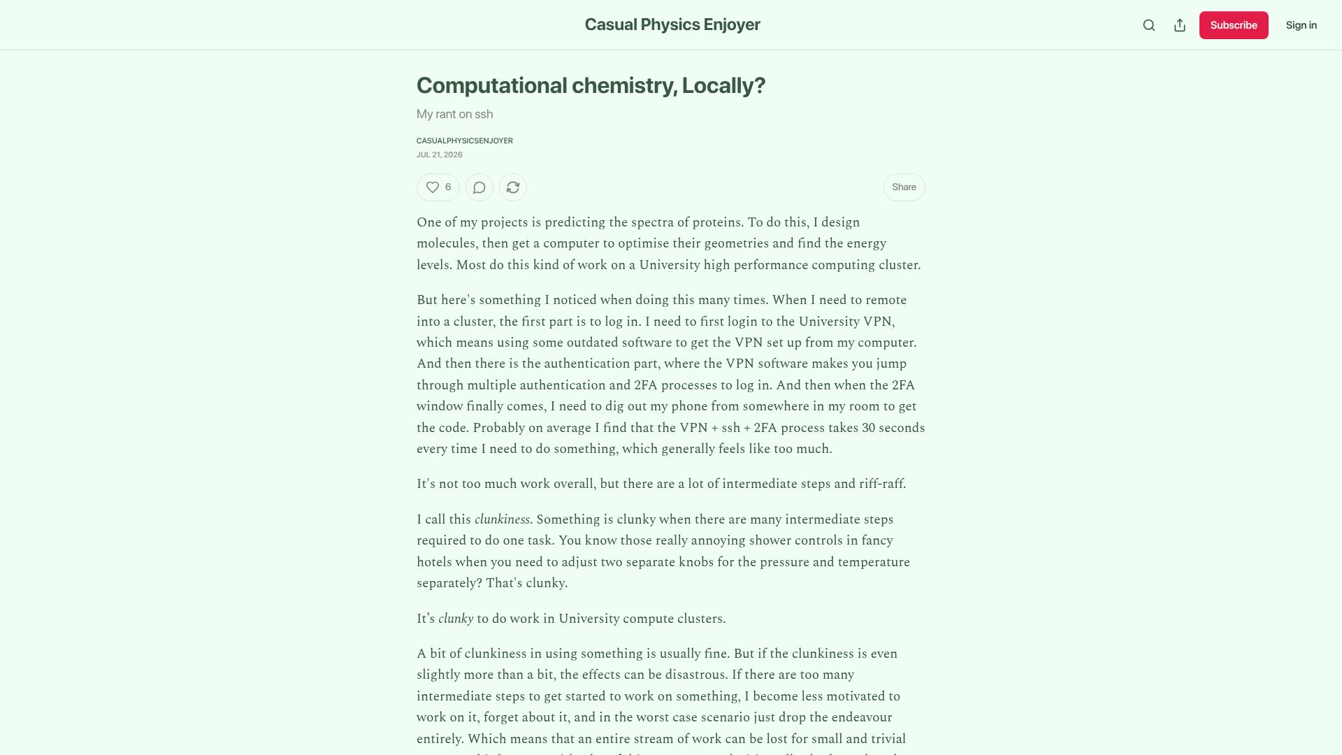 Screenshot of chillphysicsenjoyer.substack.com: Computational chemistry, Locally? My rant on SSH