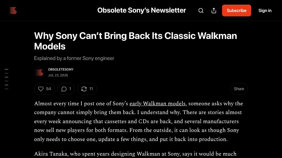 Screenshot of obsoletesony.substack.com: Why Sony can't bring back its classic Walkman models