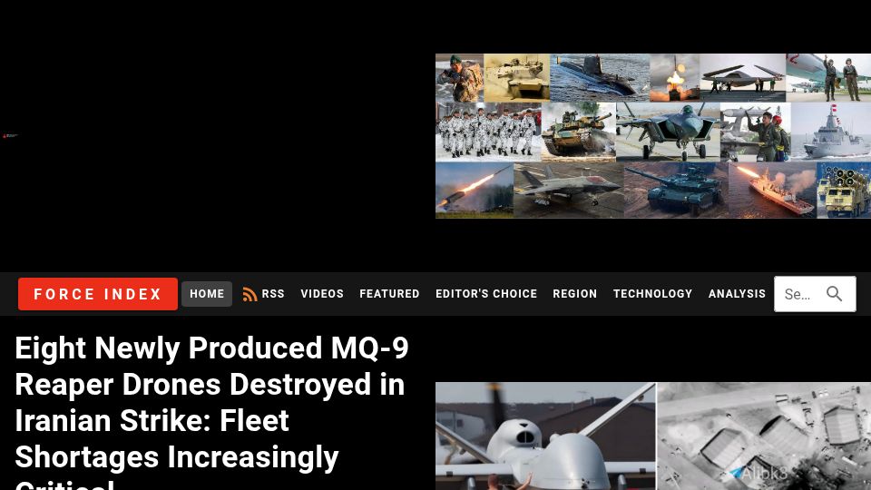 Screenshot of militarywatchmagazine.com: Eight Newly Produced MQ-9 Reaper Drones Destroyed in Iranian Strike