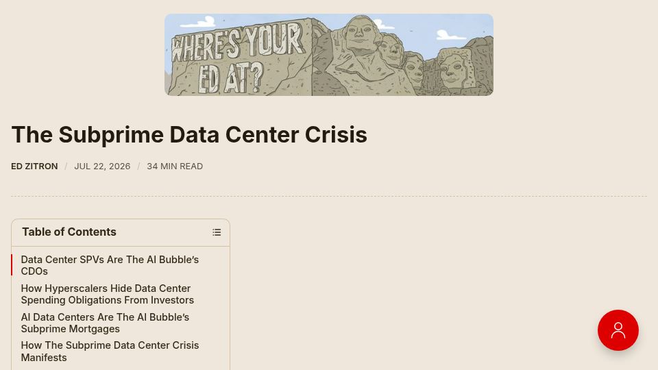 Screenshot of wheresyoured.at: Zitron: The Subprime Datacenter Crisis