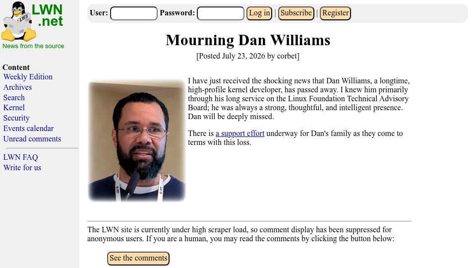 Screenshot of lwn.net: Mourning Dan Williams