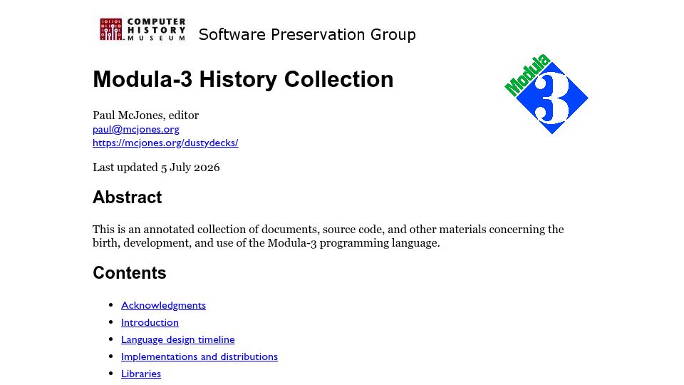 Screenshot of softwarepreservation.computerhistory.org: Modula-3 History Collection on Computer History Museum