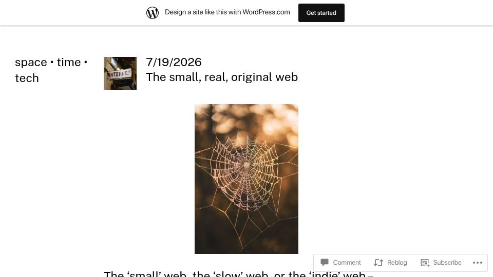 Screenshot of spacetimetech.wordpress.com: The small, real, original web