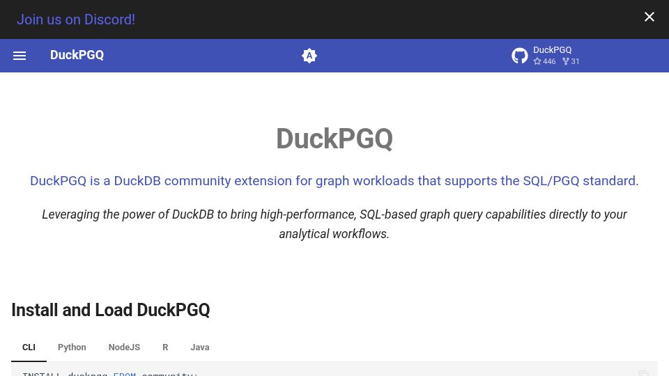 Screenshot of duckpgq.org: DuckPGQ – A DuckDB community extension for graph workloads