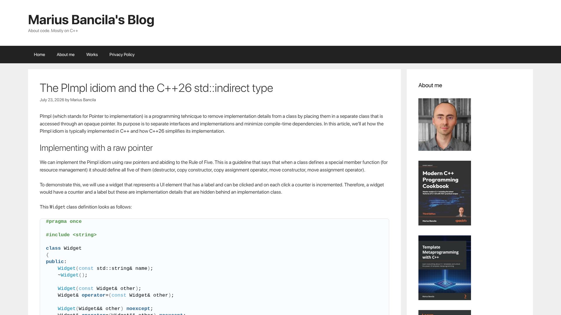 Screenshot of mariusbancila.ro: The PImpl idiom and the C++26 std:indirect type