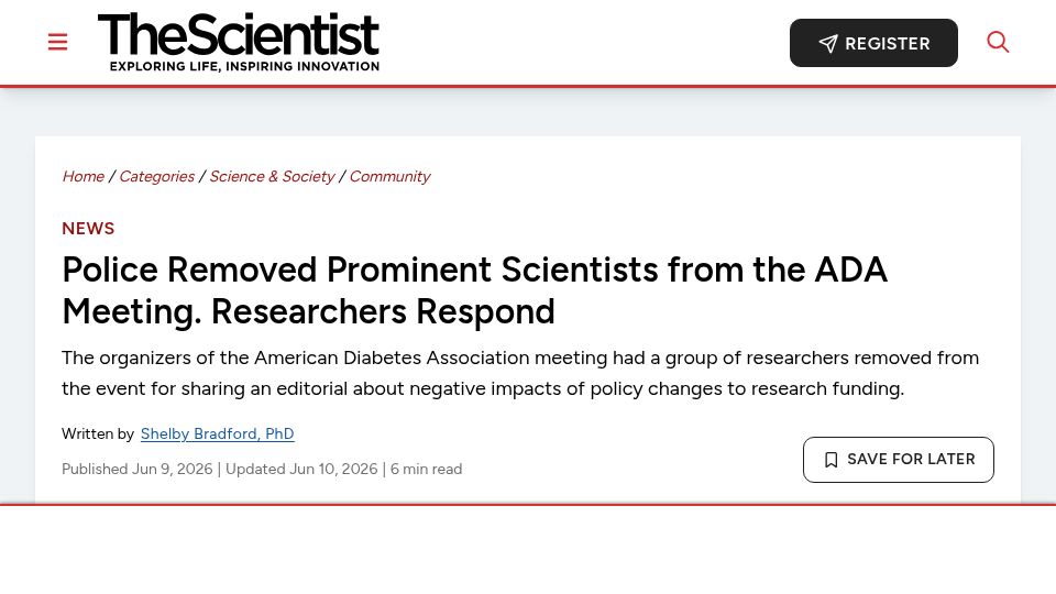 Screenshot of the-scientist.com: Police Removed Prominent Scientists from the ADA Meeting. Researchers Respond