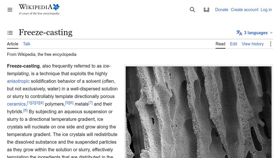 Screenshot of en.wikipedia.org: Freeze-Casting
