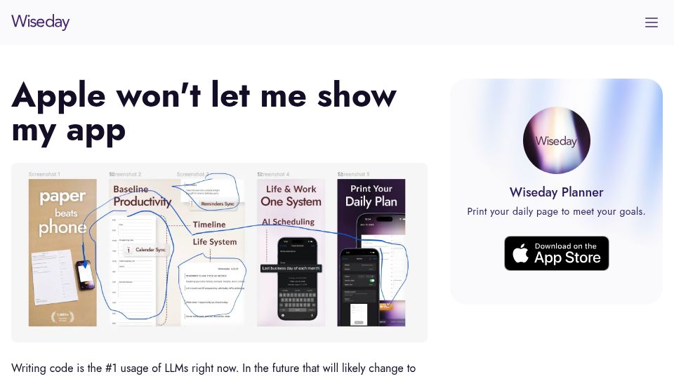 Screenshot of wisedayplanner.com: Apple won't let me show my app