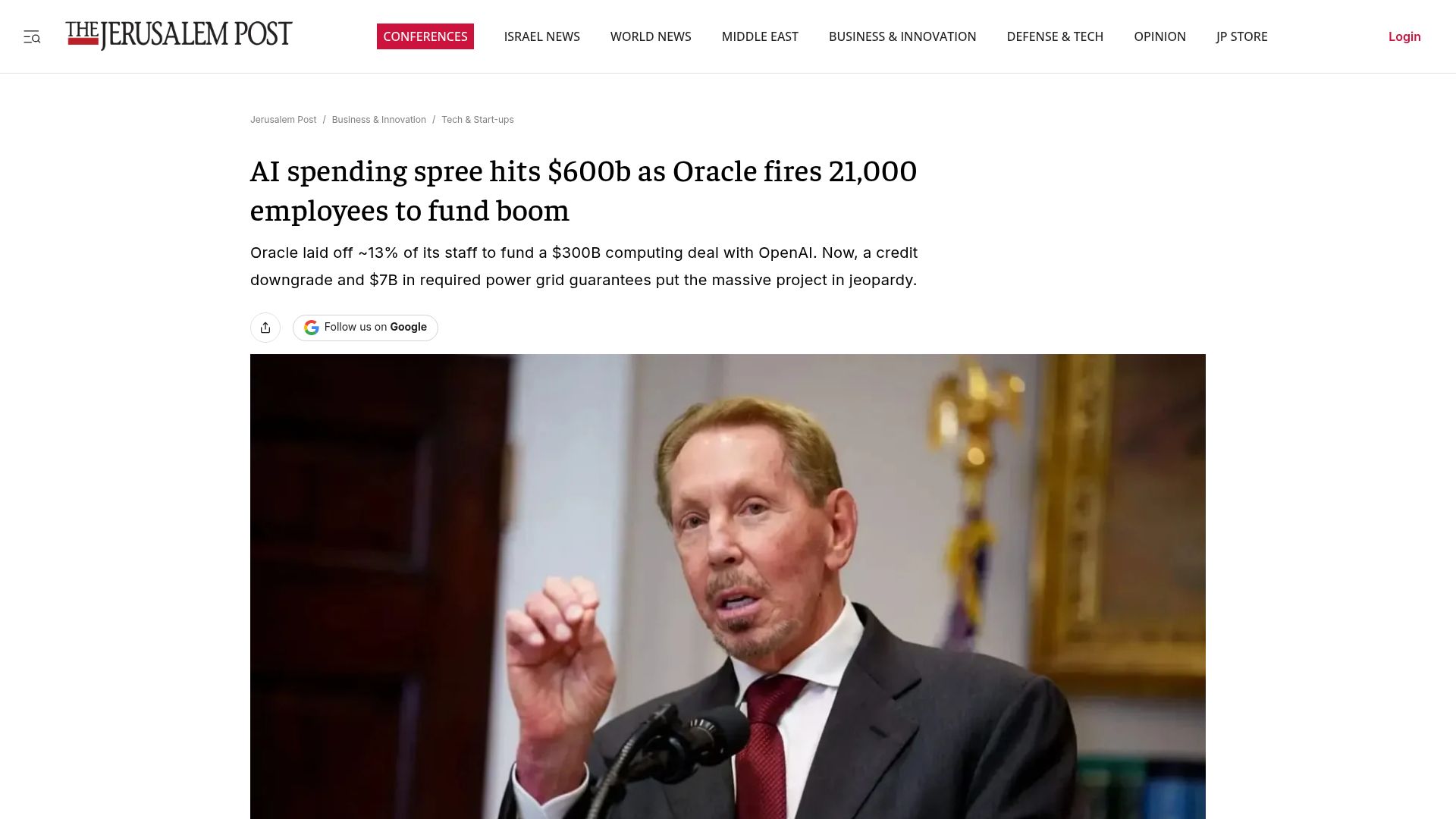 Screenshot of jpost.com: Oracle fires 21,000 employees to fund AI spending