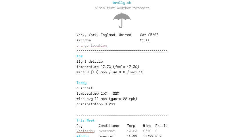 Screenshot of brolly.sh: Show HN: Brolly, a plain-text weather forecast site