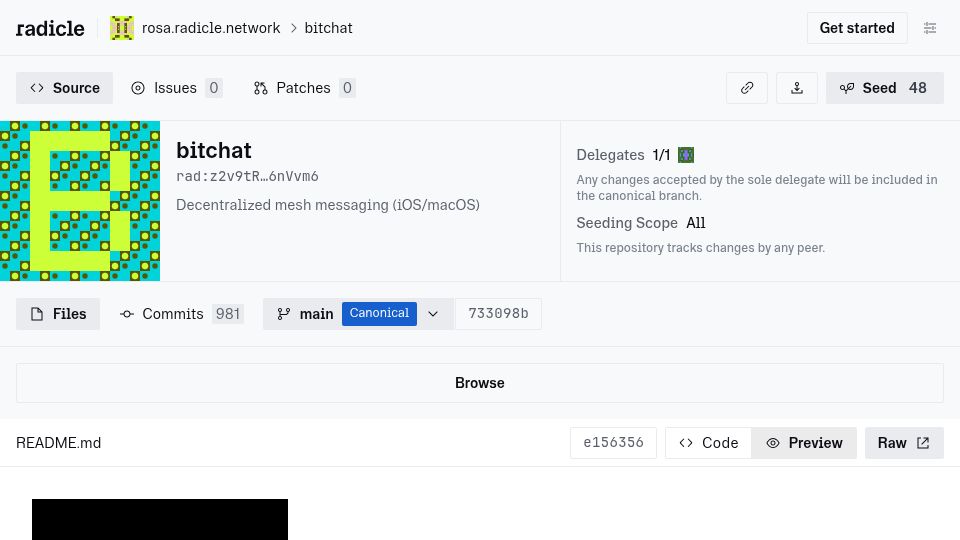 Screenshot of radicle.network: Bitchat is now on Radicle