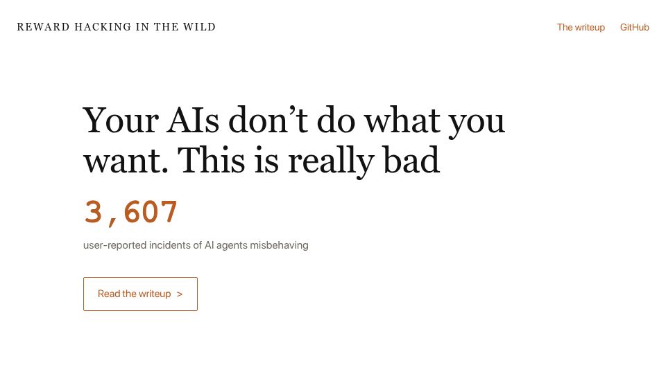 Screenshot of rewardhacking.org: AIs don't do what you want. This is bad