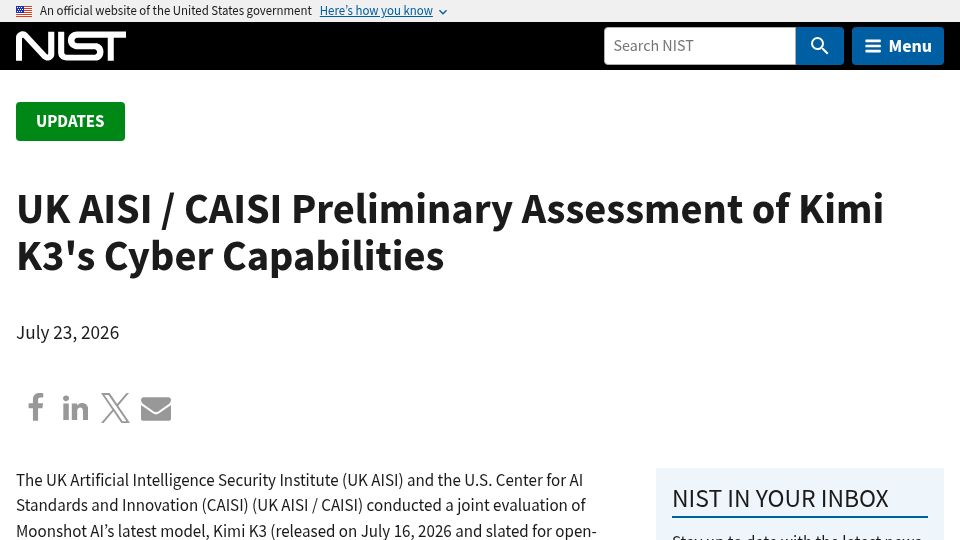 Screenshot of nist.gov: UK AISI / Caisi Preliminary Assessment of Kimi K3's Cyber Capabilities
