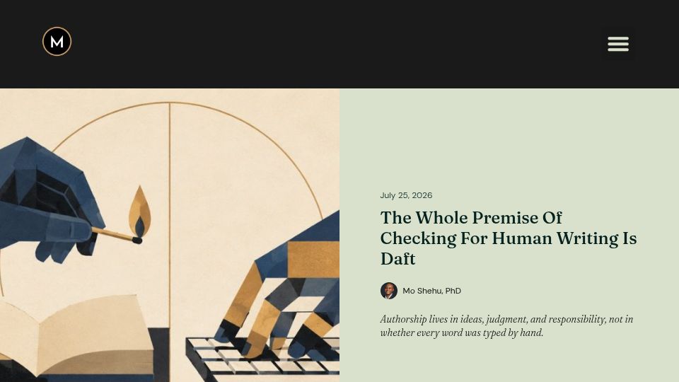 Screenshot of mohammedshehu.com: The whole premise of checking for human writing is daft