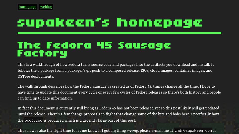 Screenshot of supakeen.com: The Fedora 45 Sausage Factory