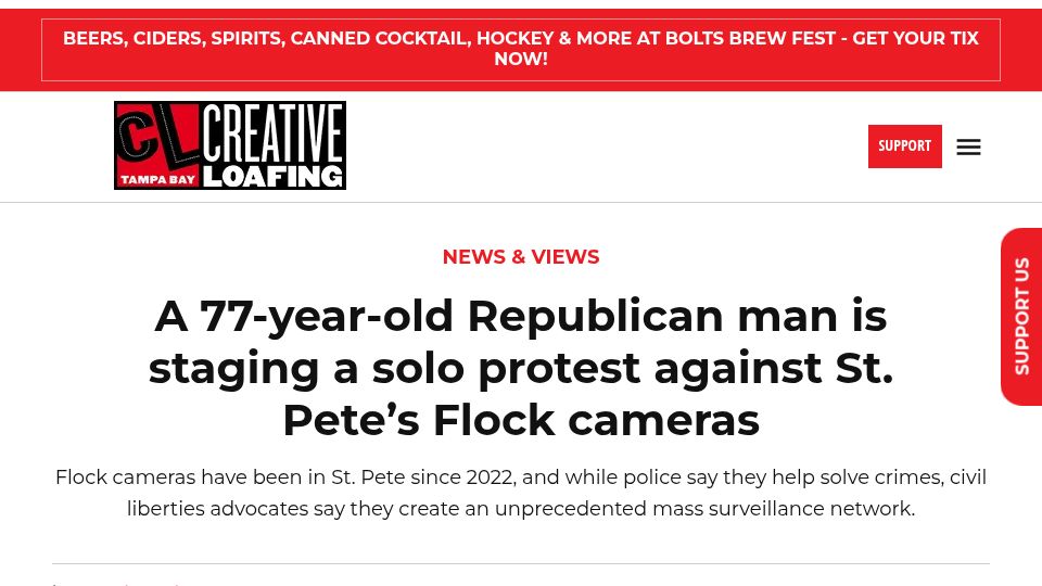 Screenshot of cltampa.com: A 77-year-old Republican man is staging a solo protest against Flock cameras