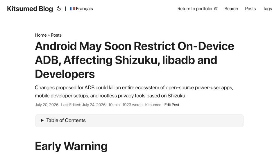 Screenshot of kitsumed.github.io: Android may soon restrict on-device ADB