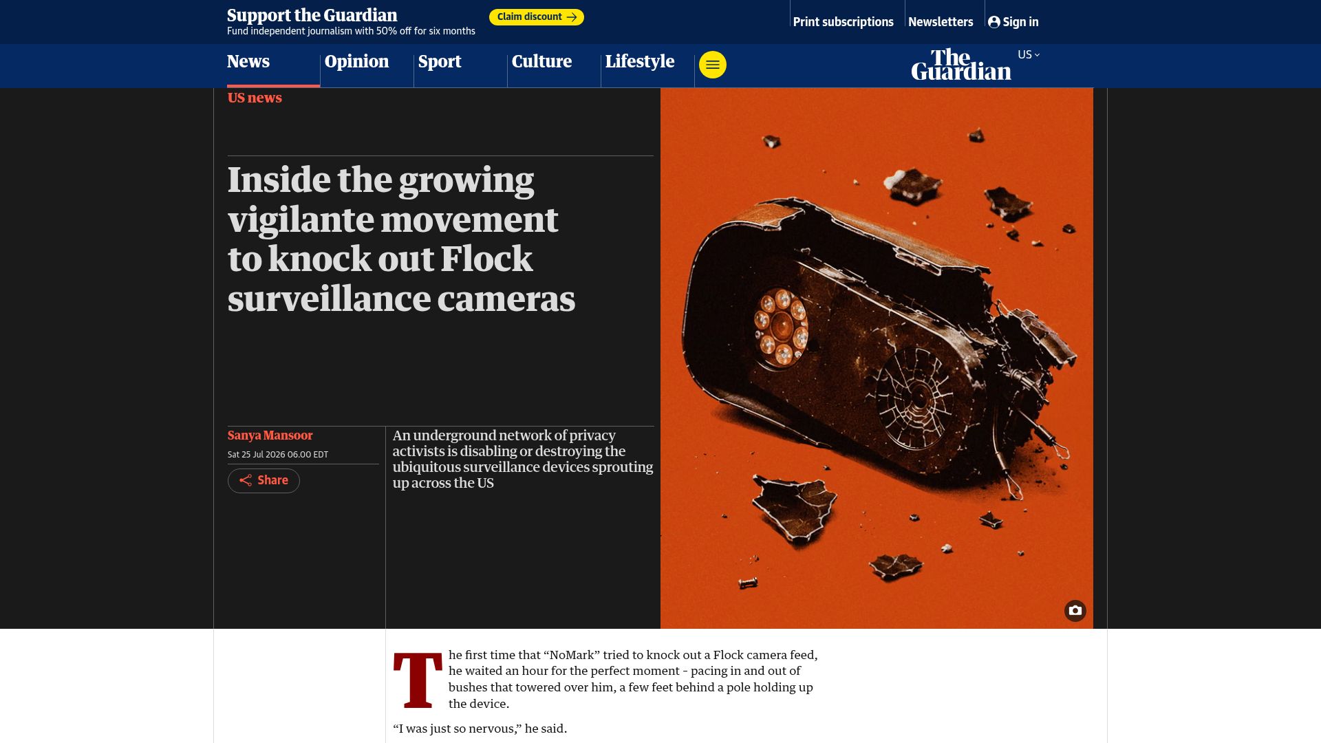 Screenshot of theguardian.com: The growing vigilante movement to knock out Flock surveillance cameras
