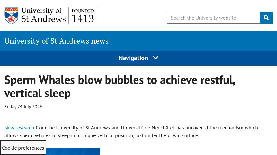 Screenshot of news.st-andrews.ac.uk: Sperm Whales blow bubbles to achieve restful, vertical sleep